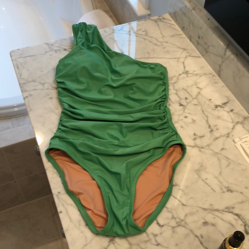 JCrew one shoulder side ruched swimsuit. Size 6